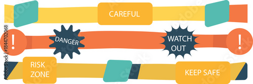 Danger sign background alarm with retro line. Caution lines isolated. Warning tapes. Careful, Risk zone,Keep safe, Watch out text.