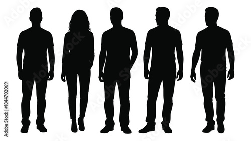 Five people standing in a row depicted as dark shapes against a white background silhouette