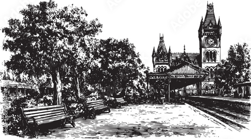 Building with clock in a vintage style, surrounded by trees and benches. This black and white vector illustration shows a peaceful park scene.