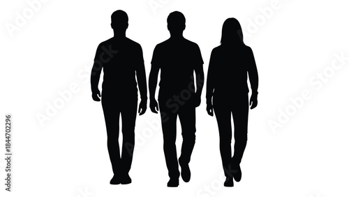 three people walking forward a striking black shape against a white background silhouette
