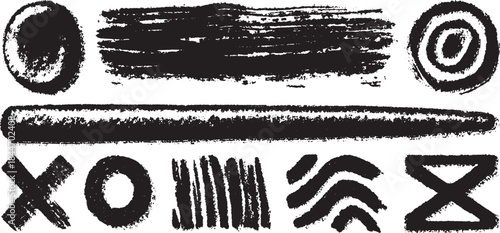 Black and white paint strokes and shapes. Abstract vector illustration in a set of various textures and patterns in a simple, modern design.