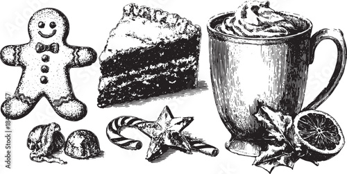 Gingerbread cookies, cake, and a cup of hot chocolate in vintage style. Festive vector illustration set with holiday treats.