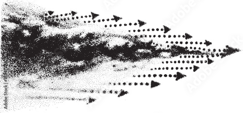 Dynamic arrows indicating motion in a black and white vector illustration. Graphic design featuring dotted patterns in a single, bold set.