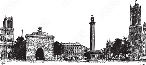 Historical landmark building in architectural style. Detailed vector illustration showing city skyline, trees, and monuments in a flat, black and white design.