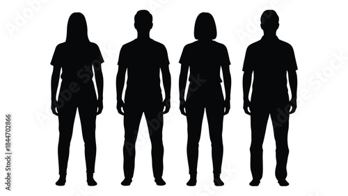 Four individuals standing in a row depicted as dark shapes against a white background silhouette