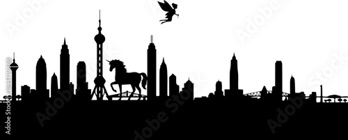 Enchanting city skyline silhouette with fairy and unicorn, whimsical urban fantasy landscape, magical cityscape art, dreamy travel destination icon