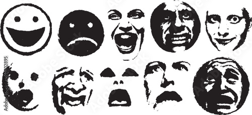 A set of expressive face doodles showcasing various emotions. The black and white vector illustration includes happy, sad, and surprised expressions in simple designs.
