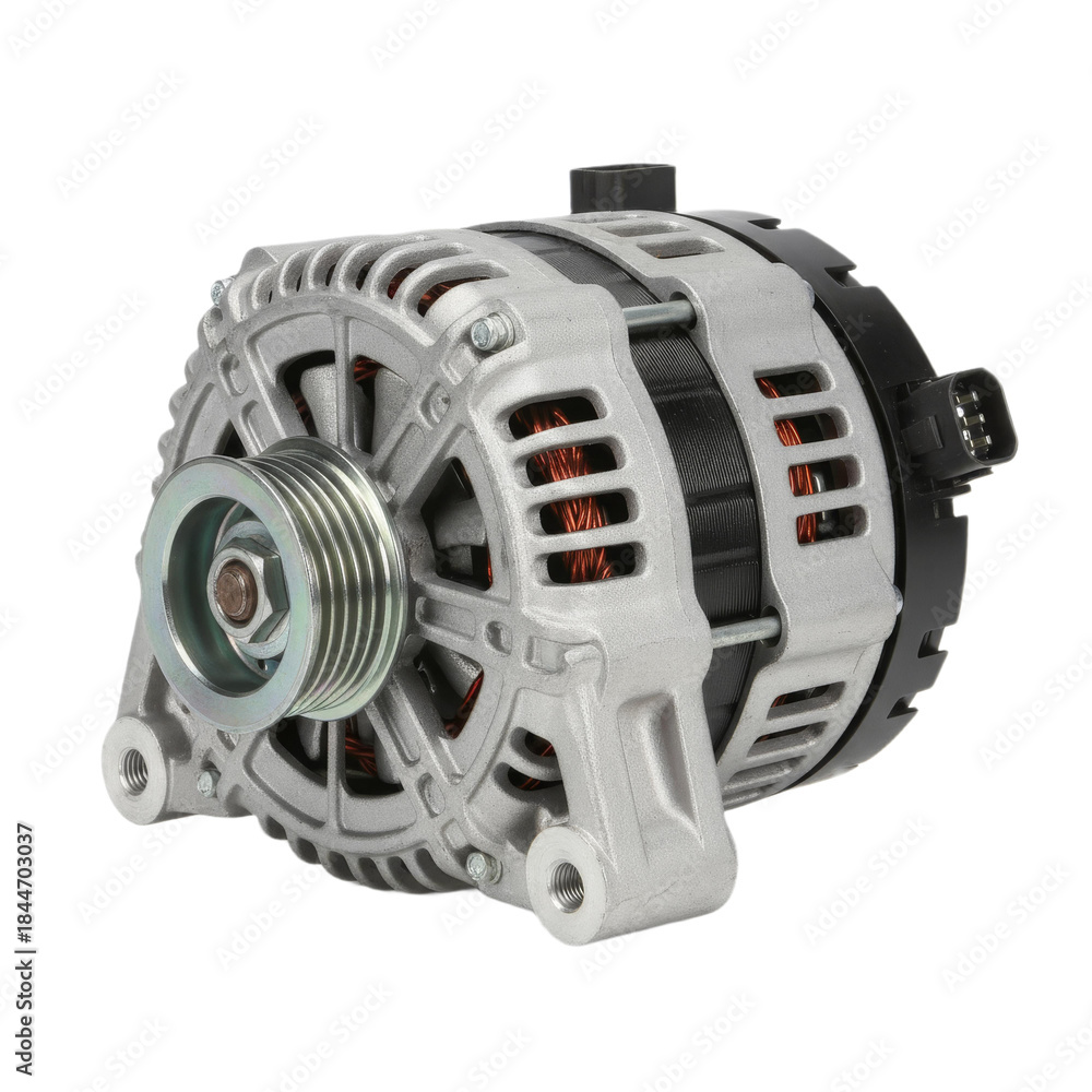 Obraz premium A detailed automotive alternator with a metallic finish, featuring a circular pulley and intricate winding visible through a mesh casing, isolated on white background, transparent background.
