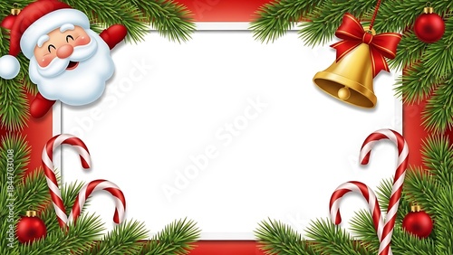 A festive christmas greeting card frame featuring santa claus, candy canes, and ornaments