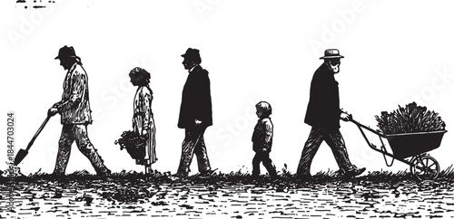 Farmers, a woman, and a child in a rural field. Black and white vector illustration showing teamwork in agriculture work as part of a set.