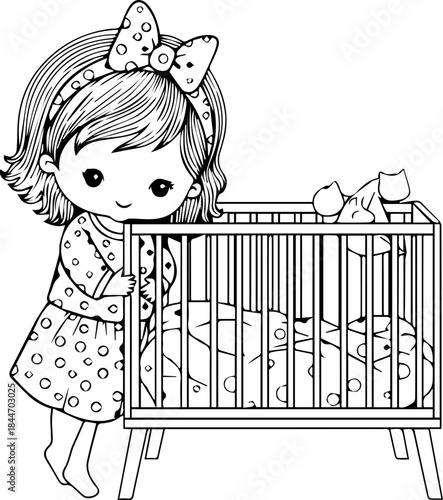 Charming baby girl admiring newborn in crib, a sweet illustration perfect for nursery decor, baby shower invitations, or children's books, originally scalable vector