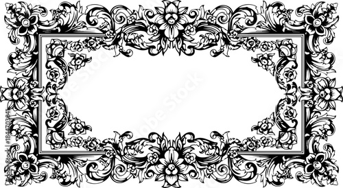 Elegant floral frame with vintage filigree design, perfect for wedding invitations or sophisticated branding projects, timeless appeal and exquisite detail