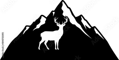 Majestic deer silhouette against towering mountain peaks, an iconic symbol of wilderness adventure and outdoor exploration, originally a scalable vector