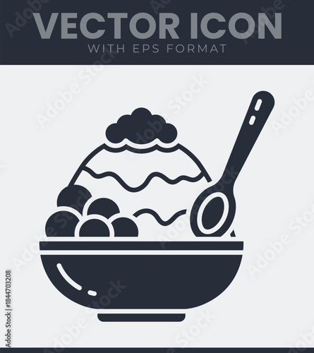 Graphic icon of a bowl filled with shaved ice dessert, topped with various round elements and a spoon resting inside the bowl