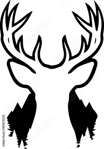 Majestic deer silhouette with a captivating mountain forest landscape seamlessly integrated into its form, evoking nature's grandeur and wild spirit.