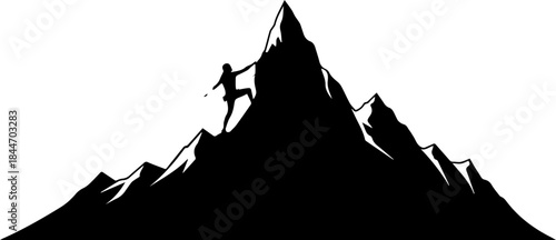 Determined climber scales majestic mountain peak, embodying achievement, aspiration, and conquering challenges with powerful silhouette against vast landscape.