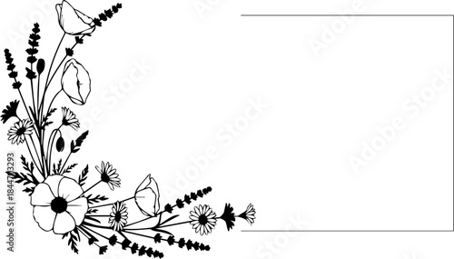 Elegant floral corner design featuring delicate poppies daisies and lavender creating a timeless botanical accent for invitations and crafts