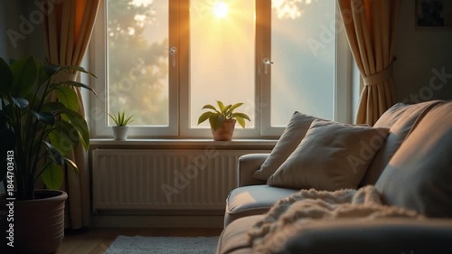A couch situated in front of a window, accompanied by a plant