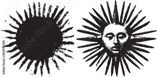 Sun and moon illustrations in black and white. Unique vector designs with textured faces in a decorative set of illustrations.