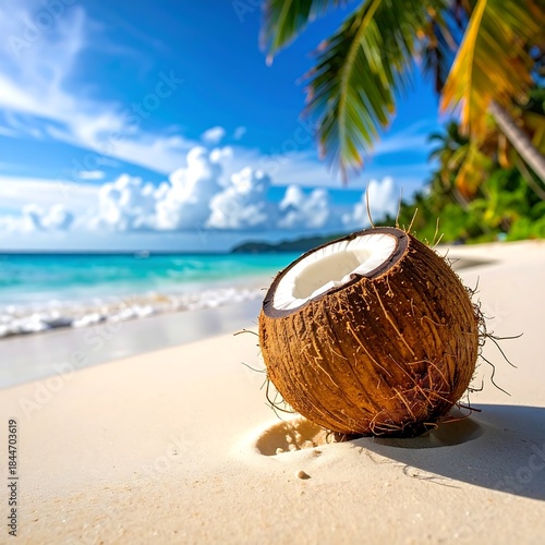 Wallpaper Mural Tropical beach scene with a halved coconut on the sandy shore Torontodigital.ca