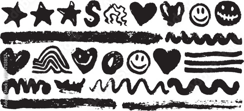 Vector illustration featuring simple black symbols and doodles, including stars, hearts, and smileys. This set highlights various shapes and lines for artistic design.
