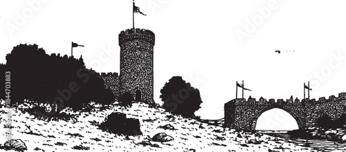 Castle wall with a tower and bridge in silhouette style. Black and white vector illustration depicting a historical fortress structure.
