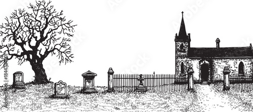 A church and graveyard illustration featuring a prominent tree and tombstones. This black and white vector illustration depicts a somber landscape.