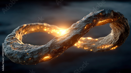 A rock-like infinity symbol glows with warm light against a dark background, representing eternity and continuity in a creative manner.