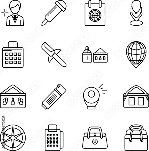 Set of photography and travel icons: photographer, microphone, calendar, camera, flash, compass, and various equipment bags.
