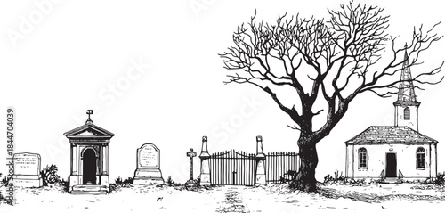 Graveyard scene featuring tombstones, a church, and a large tree. Black and white vector illustration with a simple outline style.