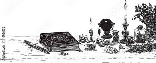 Illustration of a mystical table setup featuring a book with a pentagram, candle, sword, and jars in a vintage vector illustration set related to witchcraft.