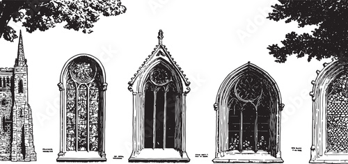 Gothic window designs in black and white. Architectural illustration featuring details and frames in a vector set.