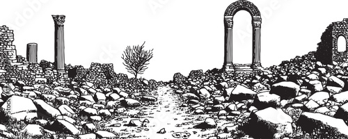 Ruins of an ancient structure featuring an arch and columns. A path leads through a rocky landscape with a tree. Black and white vector illustration.