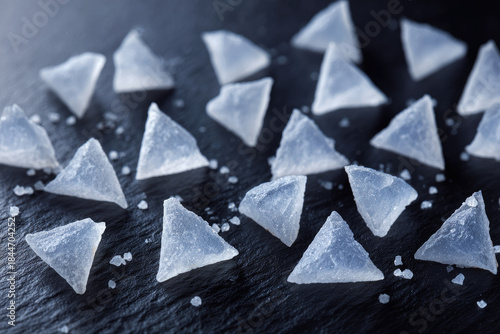 Fleur de sel flakes arranged on dark slate surface showing unique pyramid shape and crystalline texture perfect for gourmet cooking and food styling