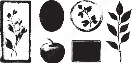 Horizontal label shapes with botanical accents. Vintage black and white design vector illustration set featuring decorative frames and floral elements.