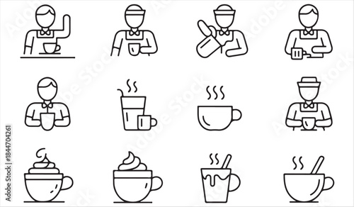 Barista service and coffee cup outline symbols