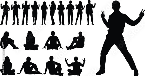 Casual young diverse people silhouettes standing, sitting, and making peace signs, isolated vector set for celebration and unity concepts.