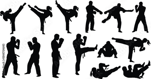 Collection of surfing silhouettes showing people riding waves, carrying boards, and performing surf tricks, isolated vector for summer sport concepts.