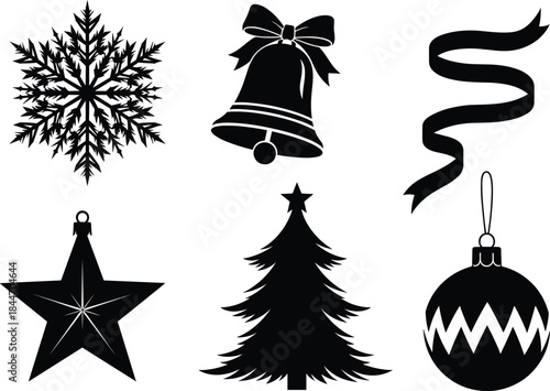Christmas Vector Silhouette Set Holiday Decor Icons: Snowflake, Jingle Bell with Ribbon, Star Ornament, Festive Banner, and Pine Tree Graphics
