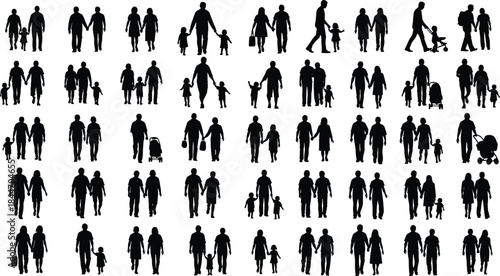 Crowd of People Walking Silhouette Vector Set: Families, Couples, and Individuals with Children for Urban Life, Travel, Park, and Group Graphics