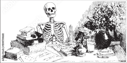 Skeleton on a table amidst books, pencil, glass, and vase of flowers. Classic still life vector illustration with detailed objects.