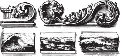 Vintage wave illustration in black and white. Decorative water graphics featuring classic curl and texture elements in a vector set.