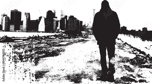 Silhouette of a man wearing a hoodie against an urban skyline. This black and white vector illustration showcases an outdoor landscape with a gritty feel.