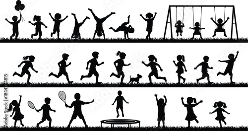 Kids Playing Silhouette Vector Set: Happy Children on Playground, Running, Jumping, and Doing Gymnastics for Childhood, Sport, and Park Activities