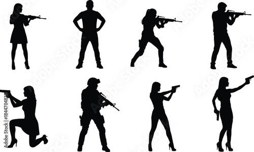 Military and Tactical Silhouette Vector Set: Armed Men and Women with Rifles and Pistols in Dynamic Action Poses for Security, Police, and Combat Graphics