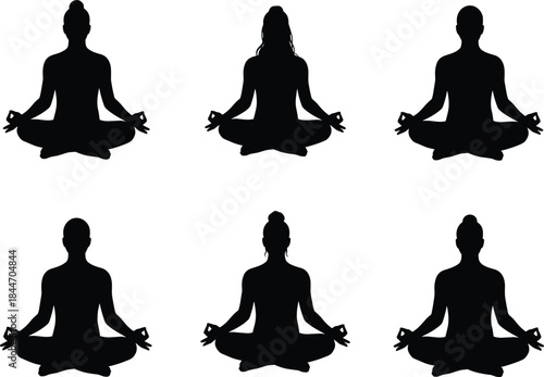 Meditation and Yoga Pose Silhouette Vector Set: People in Lotus Position, Wellness, Mindfulness, and Inner Peace Illustration for Health Design