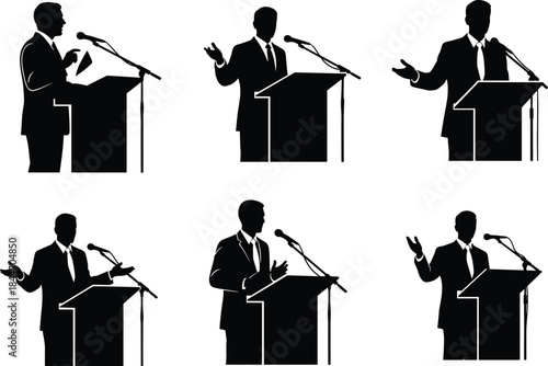 Political Speaker Silhouettes: A Collection of Men in Suits Giving Public Speeches and Debates from a Podium with a Microphone for News and Events.