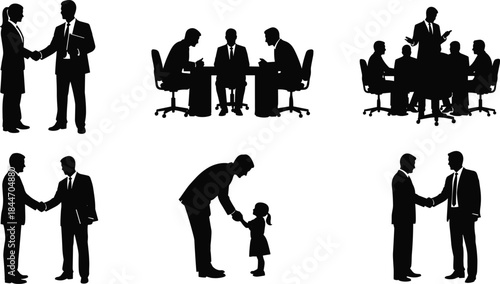Professional Business People Silhouette Vector Set: Handshakes, Corporate Meetings, and Partnership Deals for Finance, Office, and Teamwork Concepts
