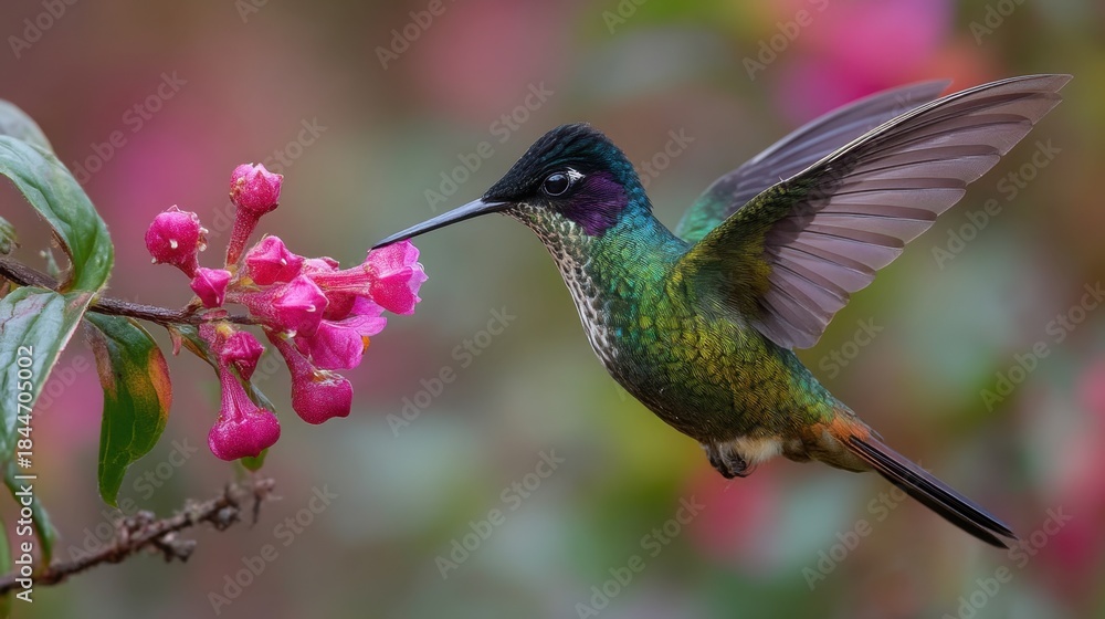 Naklejka premium A hummingbird is perched on a flower, drinking nectar. The bird is surrounded by pink flowers, which give the scene a serene and peaceful atmosphere