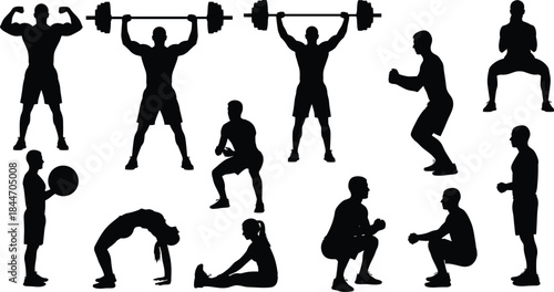 Set of fitness and strength training silhouettes, including weightlifting, stretching, squatting, and muscle flexing, isolated vector for gym concepts.
